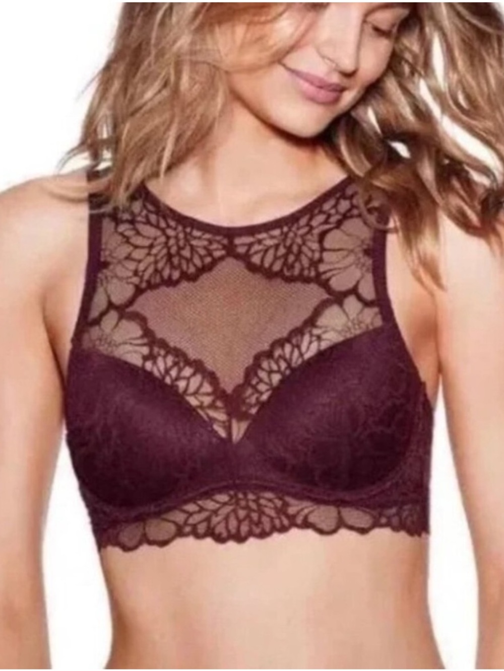 PINK Victoria's Secret Lace Bralette High Neck Deep Purple Coquette Sheer L-DD